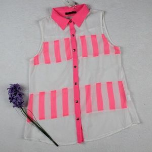 NEW Hot Pink White Button Down Collar Top Small